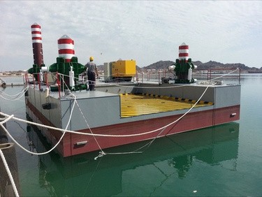 P05 jack-up barge afloat with its legs raised