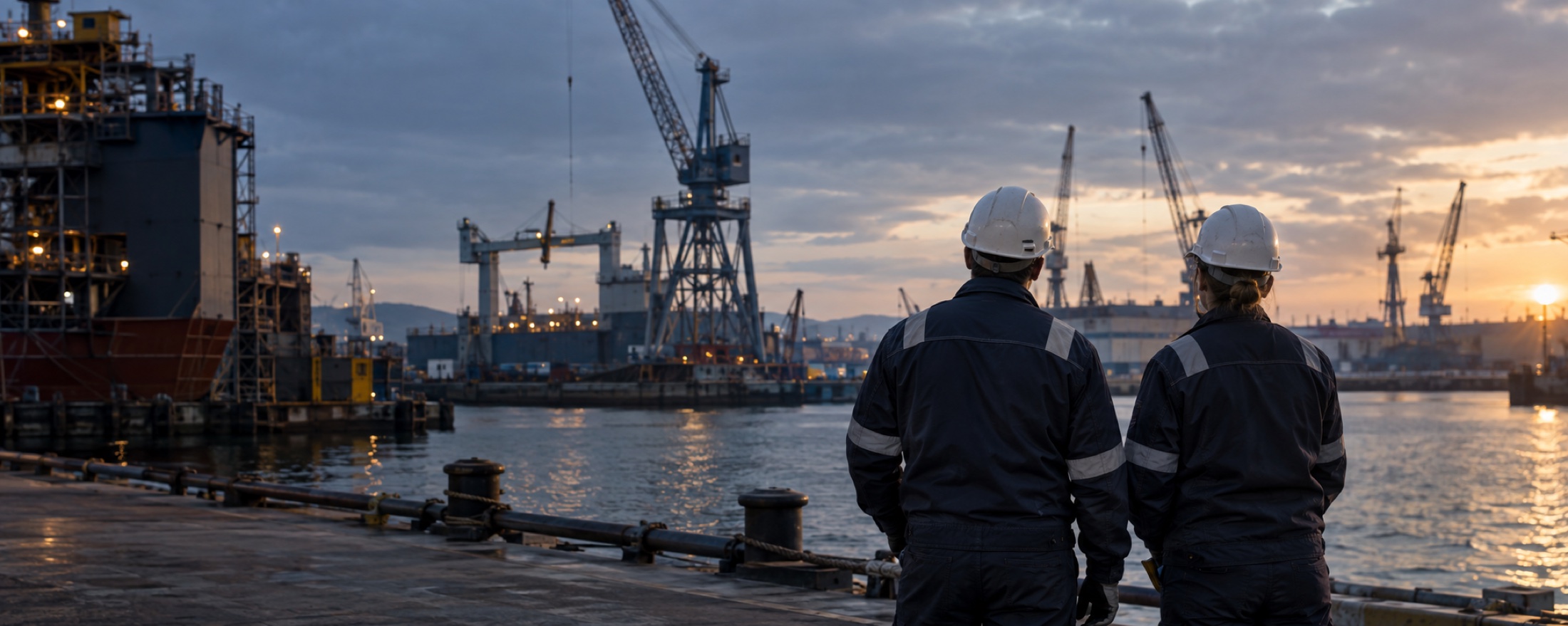 Two marine engineering personnel observing a working shipyard